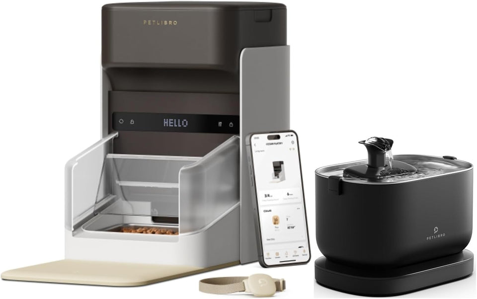 Wireless Pet Fountain Battery Operated, 2.5L/84oz Dockstream + Upgraded RFID Automatic Cat Feeder, 5G Wi-Fi, App Control with Light Collar Tag