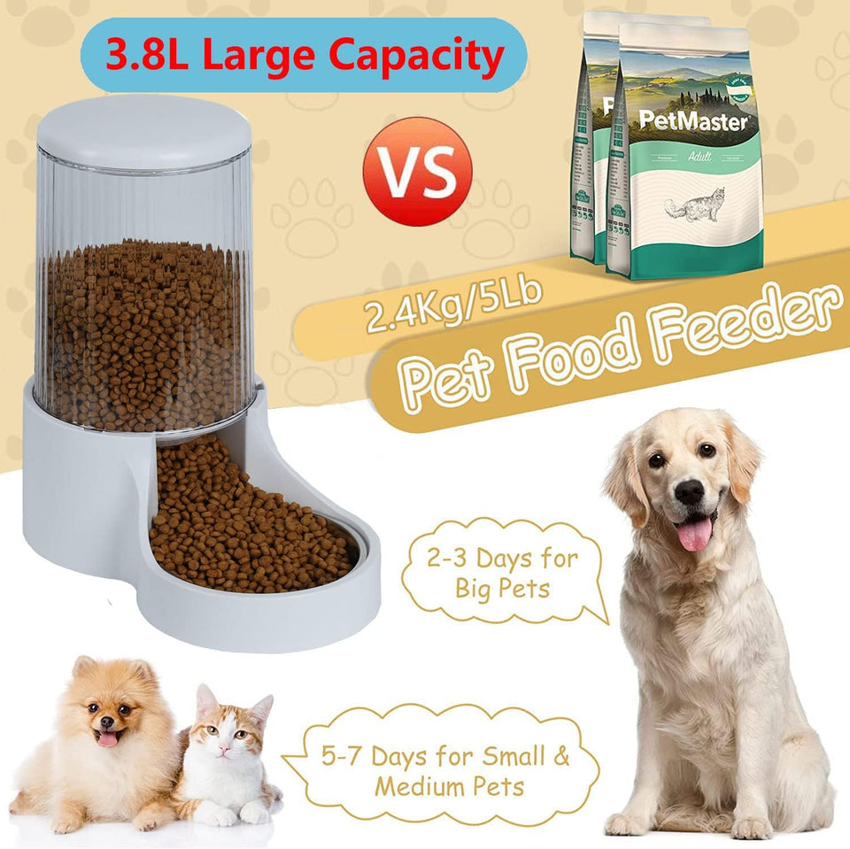 Automatic Cat Feeder - 3.8L Large Gravity Cat Food Dispenser with Detachable Top Lid, Visible Bottle and Stainless Steel Bowl for Dog and Pet