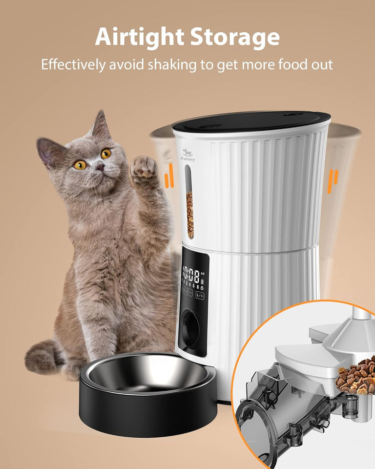 Petory Timed Automatic Cat Feeders - 4L Programable Dry Food Dispenser for Cats and Small Medium Dogs 6 Meals with Desiccant Bag Dual Power