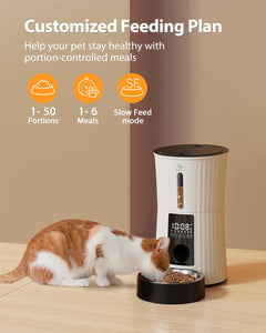 Petory Timed Automatic Cat Feeders - 4L Programable Dry Food Dispenser for Cats and Small Medium Dogs 6 Meals with Desiccant Bag Dual Power