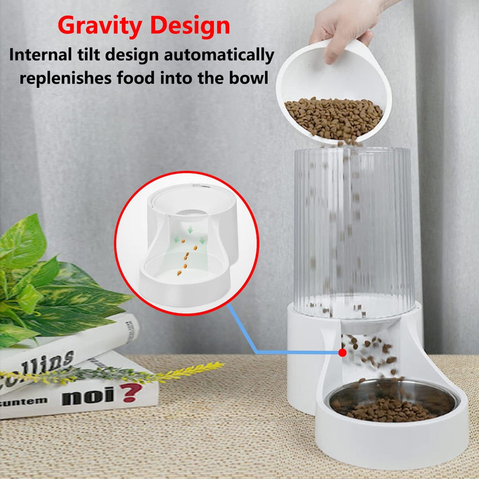 Automatic Cat Feeder - 3.8L Large Gravity Cat Food Dispenser with Detachable Top Lid, Visible Bottle and Stainless Steel Bowl for Dog and Pet