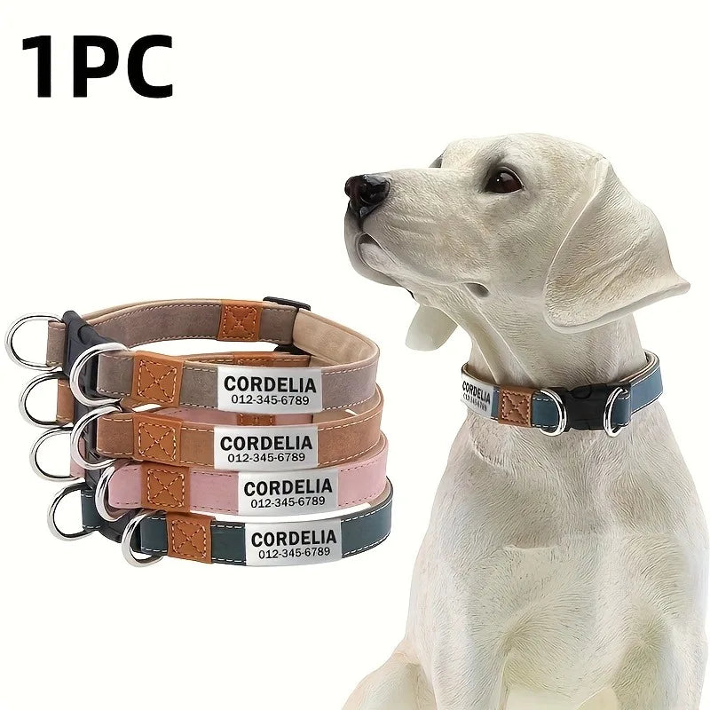 Personalized Dog Collar Name Carved ID Anti-lost Solid PU Leather Collar For Small Medium Large Dogs Puppy Cat Pet Supplies