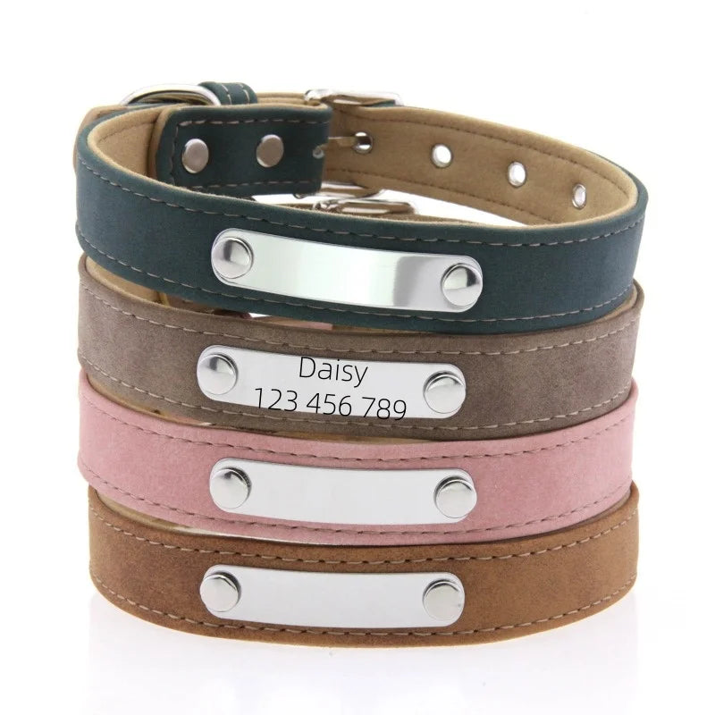 Personalized Dog Collar Name Carved ID Anti-lost Solid PU Leather Collar For Small Medium Large Dogs Puppy Cat Pet Supplies