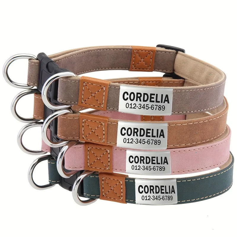 Personalized Dog Collar Name Carved ID Anti-lost Solid PU Leather Collar For Small Medium Large Dogs Puppy Cat Pet Supplies