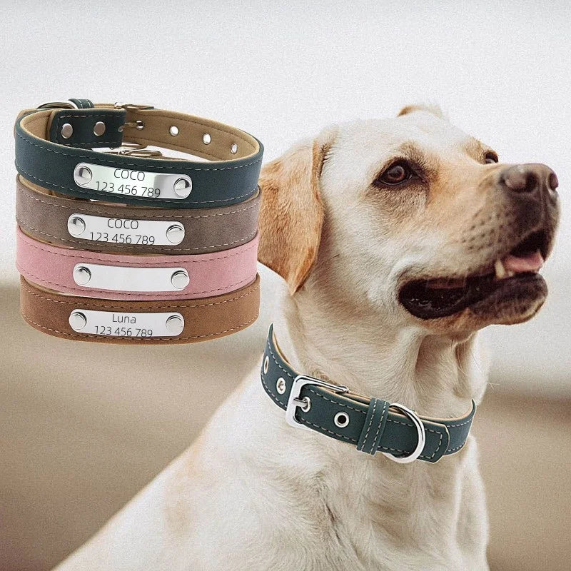 Personalized Dog Collar Name Carved ID Anti-lost Solid PU Leather Collar For Small Medium Large Dogs Puppy Cat Pet Supplies