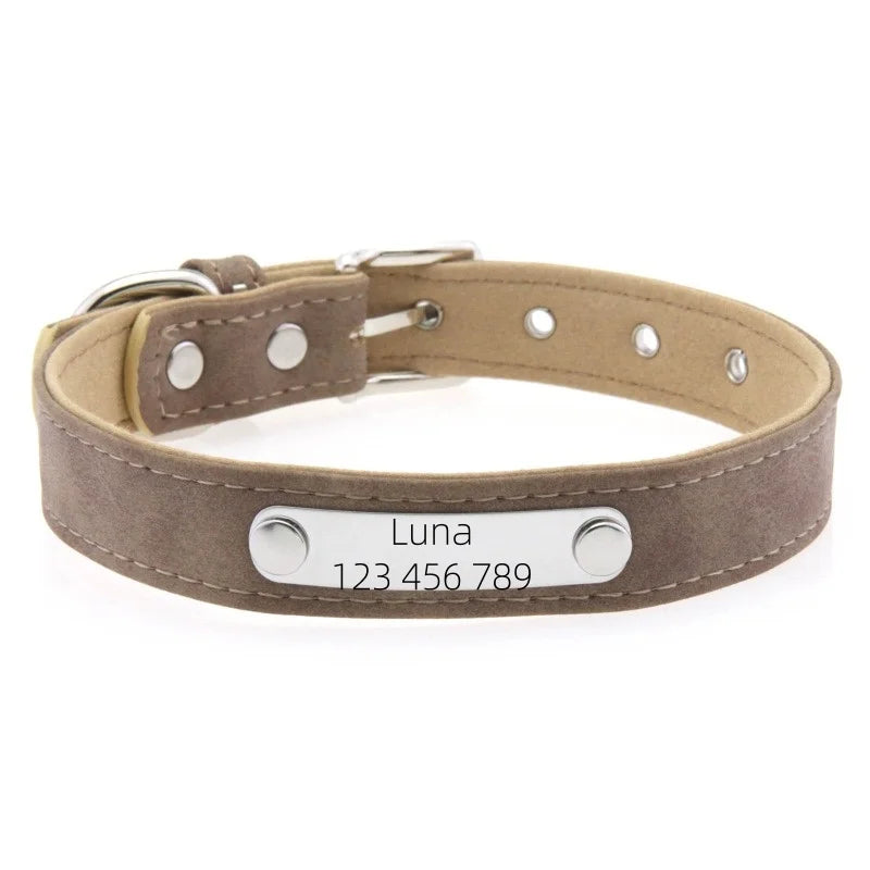 Personalized Dog Collar Name Carved ID Anti-lost Solid PU Leather Collar For Small Medium Large Dogs Puppy Cat Pet Supplies