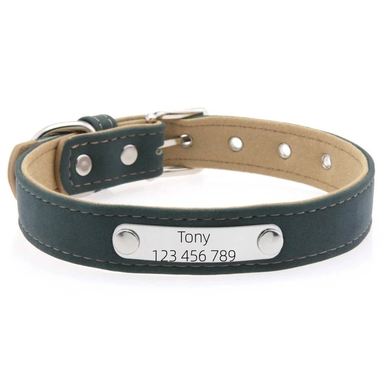 Personalized Dog Collar Name Carved ID Anti-lost Solid PU Leather Collar For Small Medium Large Dogs Puppy Cat Pet Supplies