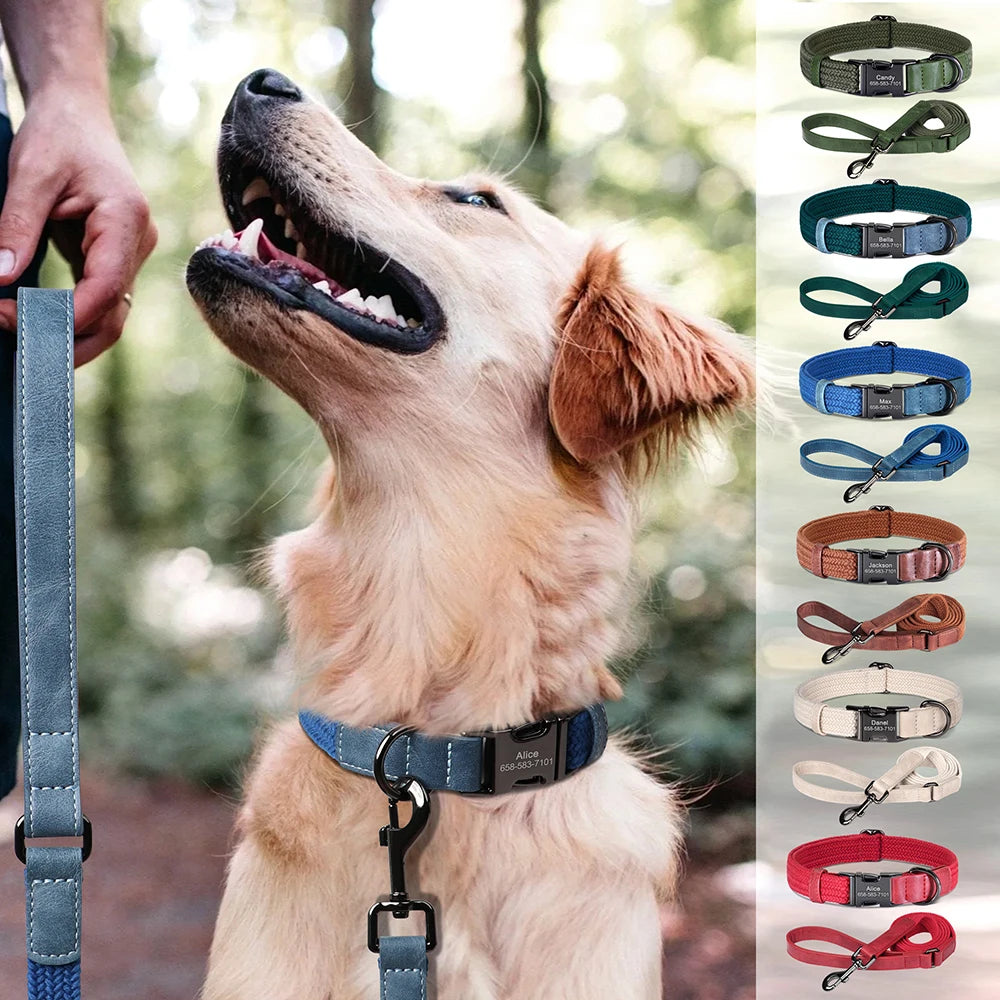Personalized Dog Collar Leash Set Nylon Dog Collars With Walking Lead Rope Adjustable Pet Necklace for Small Large Dogs Durable