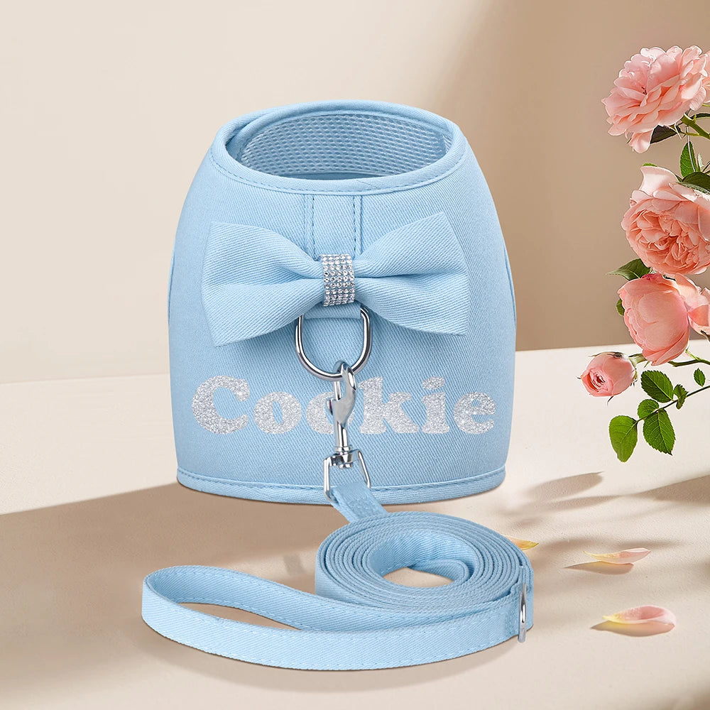 Personalized Dog Harness and Leash Set Free Print Name Pet Vest Harness Lead with Cute Bowtie for Small Medium Dogs Cats Pug