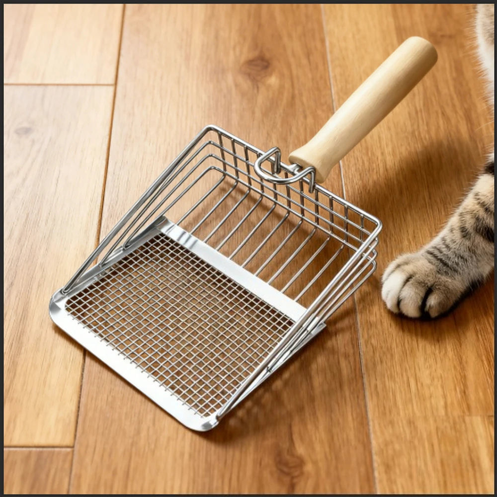 Washable Metal Cats Litter Scoop Comfortable Wooden Handle with Hook Pet Tool Suitable for Daily Cats Litter Box Cleaning