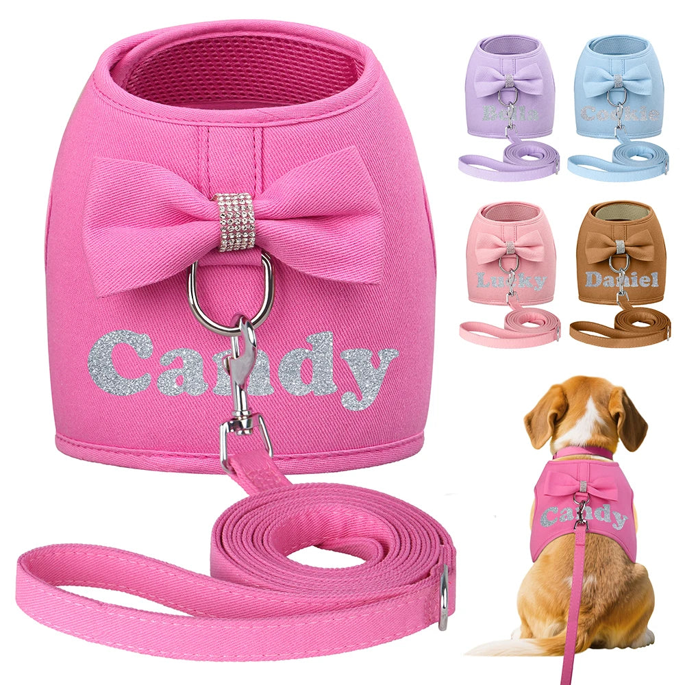 Personalized Dog Harness and Leash Set Free Print Name Pet Vest Harness Lead with Cute Bowtie for Small Medium Dogs Cats Pug