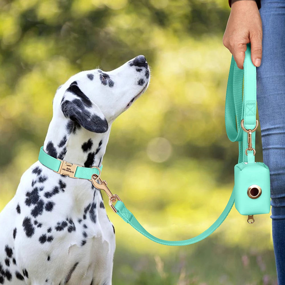 3pcs/lot Dog Collar Leash Bag Set Personalized Dog Collars Custom PU Leather Pet Buckle Necklace With Lead Poop Bag for Dogs Pug
