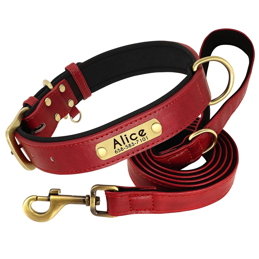 Personalized Dog Collar Leash PU Leather Dogs Collars Pet Rope Engraved Pet ID Name Necklace for Small Large Dogs Soft Padded