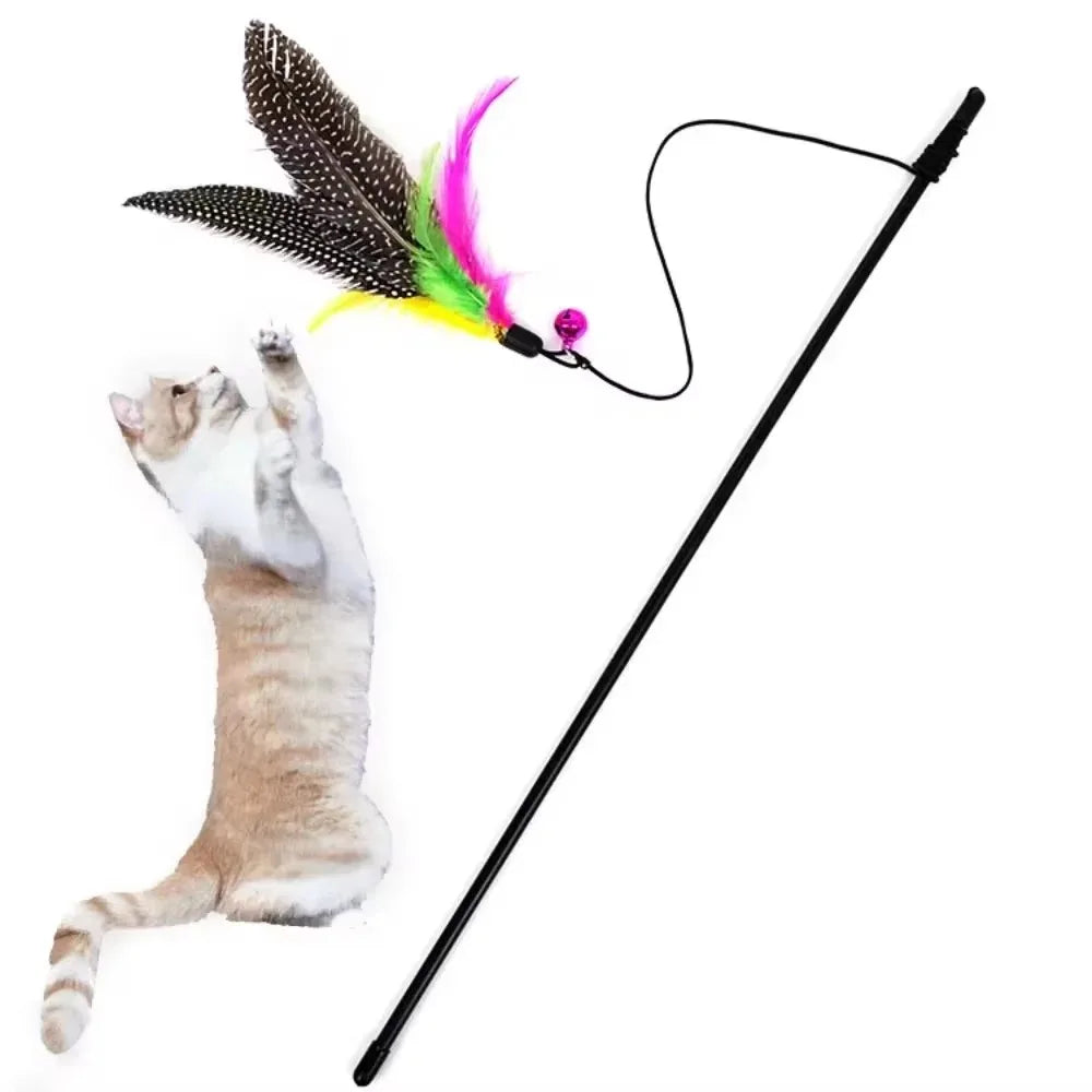 Funny Kitten Cat Teaser Interactive Toy Rod with Bell and Feather Toys for Cats Teaser Interactive Toy Rod Pet Cats Stick