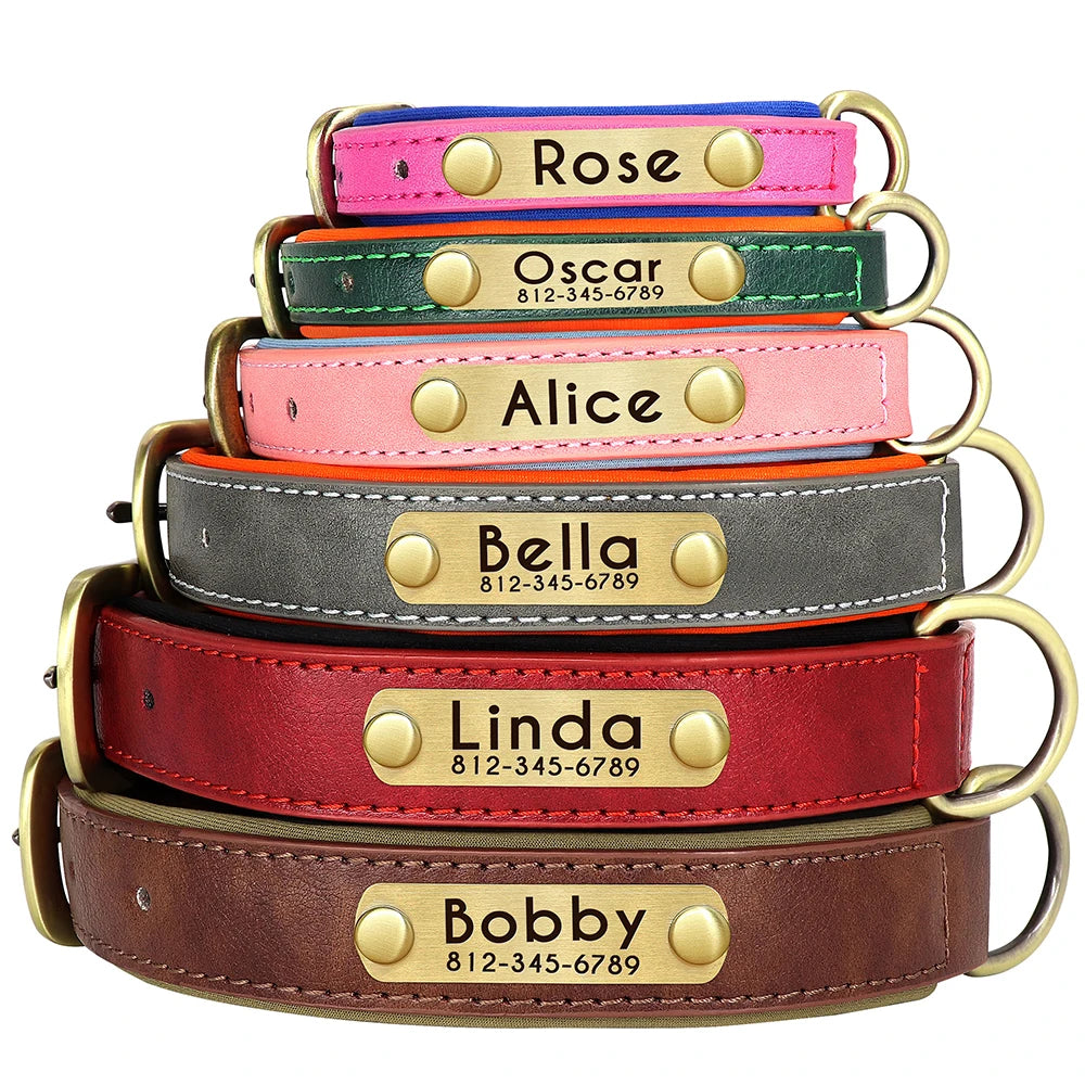 Personalized Dog Collar Leash PU Leather Dogs Collars Pet Rope Engraved Pet ID Name Necklace for Small Large Dogs Soft Padded