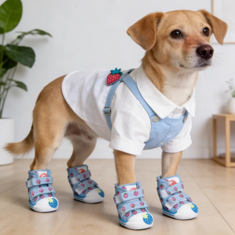 Strawberry Print Dog Canvas Shoes Breathable Dog Sneakers Soft Warm Puppy Footwear Fashion Outdoor Cat Boots Anti-Slip Pet Shoes