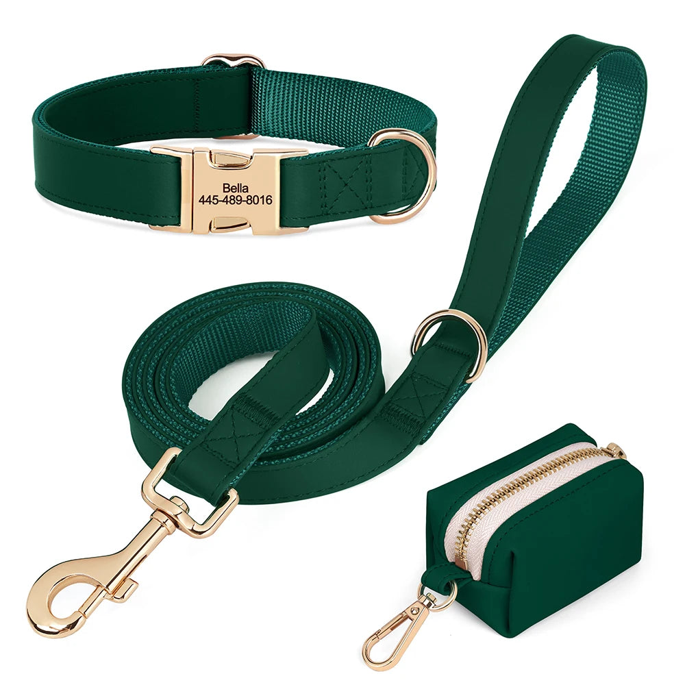 3pcs/lot Dog Collar Leash Bag Set Personalized Dog Collars Custom PU Leather Pet Buckle Necklace With Lead Poop Bag for Dogs Pug