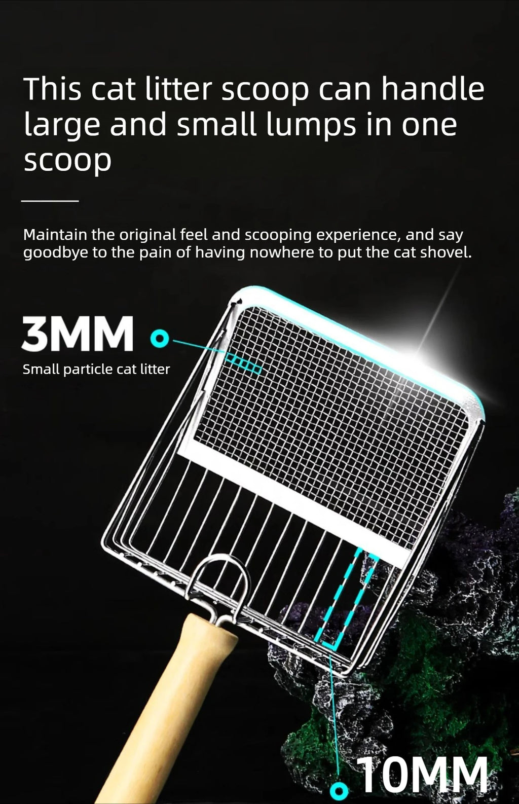 Washable Metal Cats Litter Scoop Comfortable Wooden Handle with Hook Pet Tool Suitable for Daily Cats Litter Box Cleaning