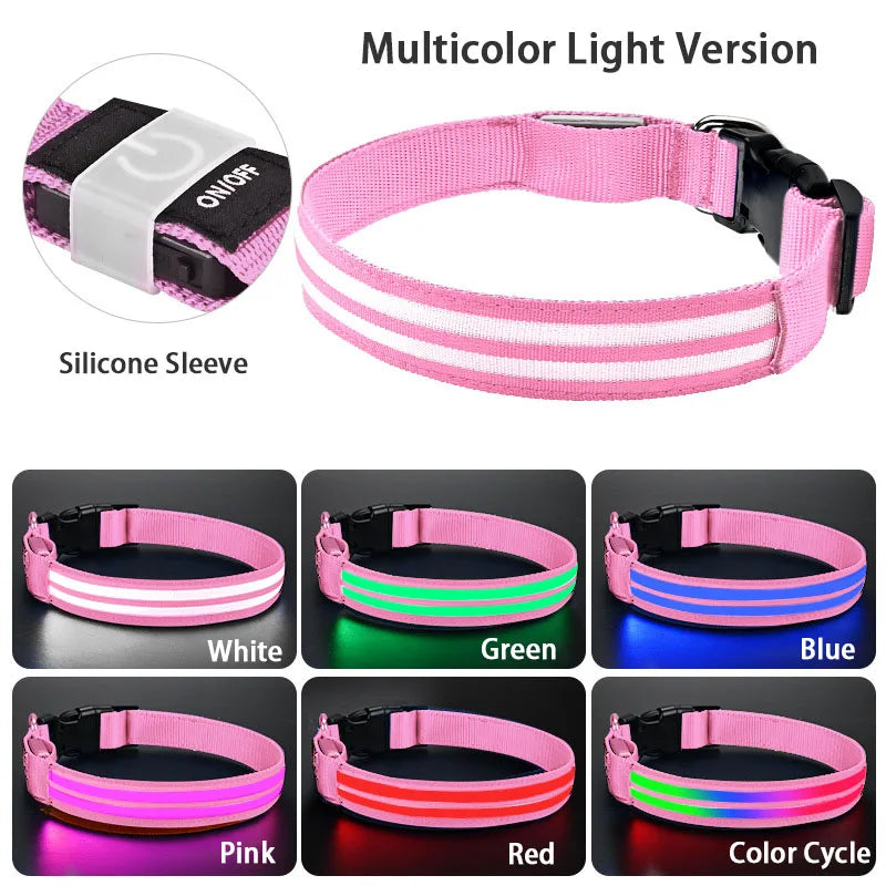 Light Up Dog Collar for Night Walk Color LED Glowing Pet Safety Collar Rechargeable Dog Necklace with Dog Harness Dog Leash Ring