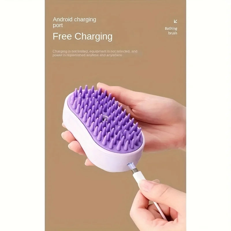 3-in-1 Steam Pet Brush - USB Rechargeable, Foldable Cat & Dog Grooming Tool with Silicone Bristles