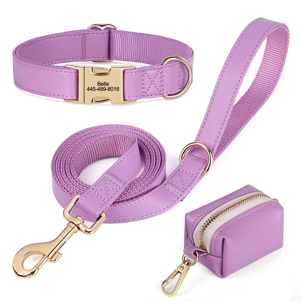 3pcs/lot Dog Collar Leash Bag Set Personalized Dog Collars Custom PU Leather Pet Buckle Necklace With Lead Poop Bag for Dogs Pug
