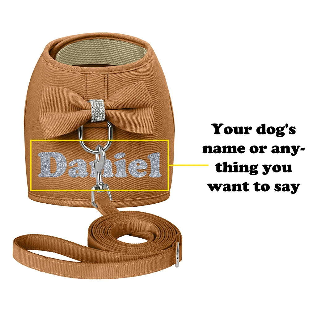 Personalized Dog Harness and Leash Set Free Print Name Pet Vest Harness Lead with Cute Bowtie for Small Medium Dogs Cats Pug