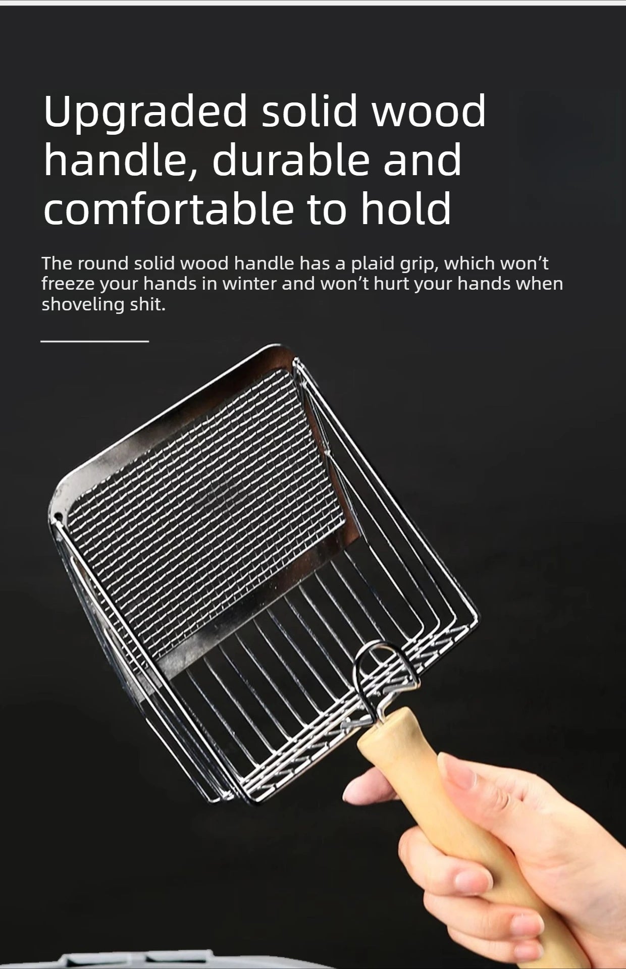 Washable Metal Cats Litter Scoop Comfortable Wooden Handle with Hook Pet Tool Suitable for Daily Cats Litter Box Cleaning