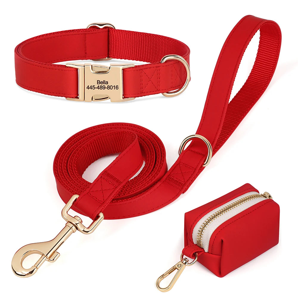 3pcs/lot Dog Collar Leash Bag Set Personalized Dog Collars Custom PU Leather Pet Buckle Necklace With Lead Poop Bag for Dogs Pug