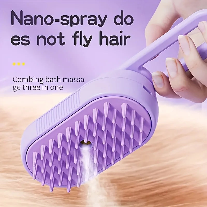 3-in-1 Steam Pet Brush - USB Rechargeable, Foldable Cat & Dog Grooming Tool with Silicone Bristles