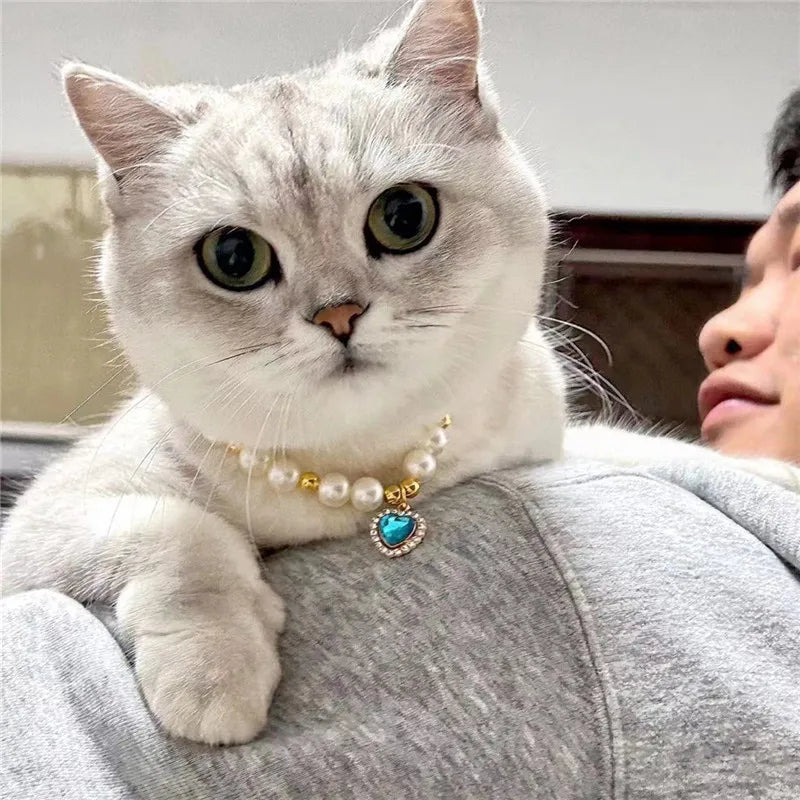 Fashion Pet Heart Pendant Necklace Adjustable Collar Fake Pearls for Dogs Cats Stylish and Comfortable Accessories Pet Supplies