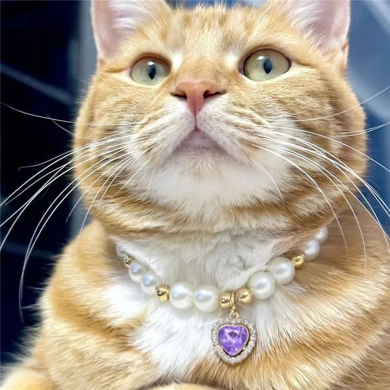 Fashion Pet Heart Pendant Necklace Adjustable Collar Fake Pearls for Dogs Cats Stylish and Comfortable Accessories Pet Supplies