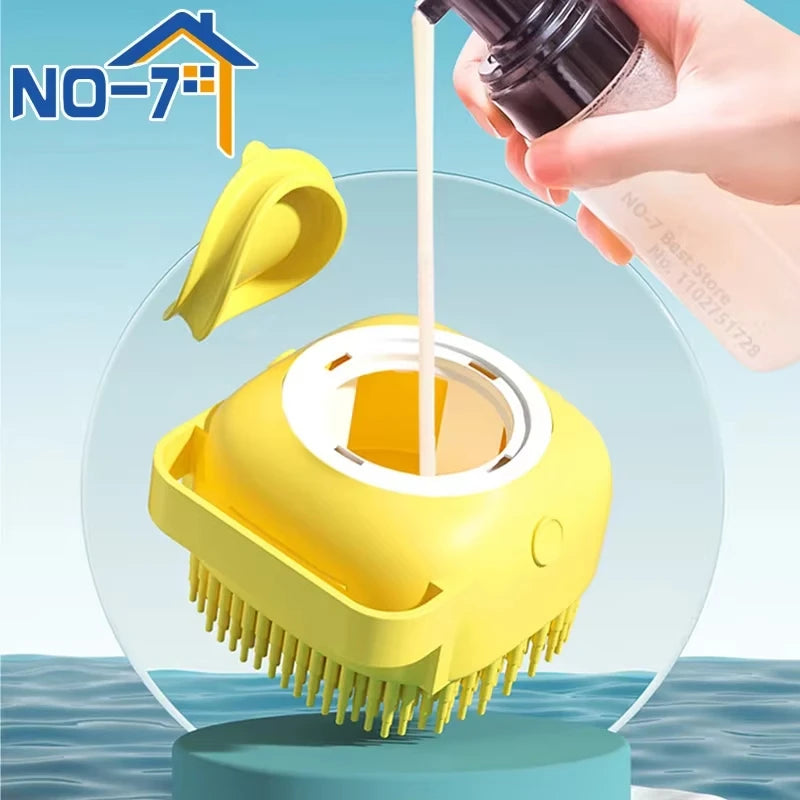 Silicone Soft Rubber Pet Massage Shower Brush with Builtin Shampoo Storage Self Cleaning Detangling for Dogs Cats Grooming Brush
