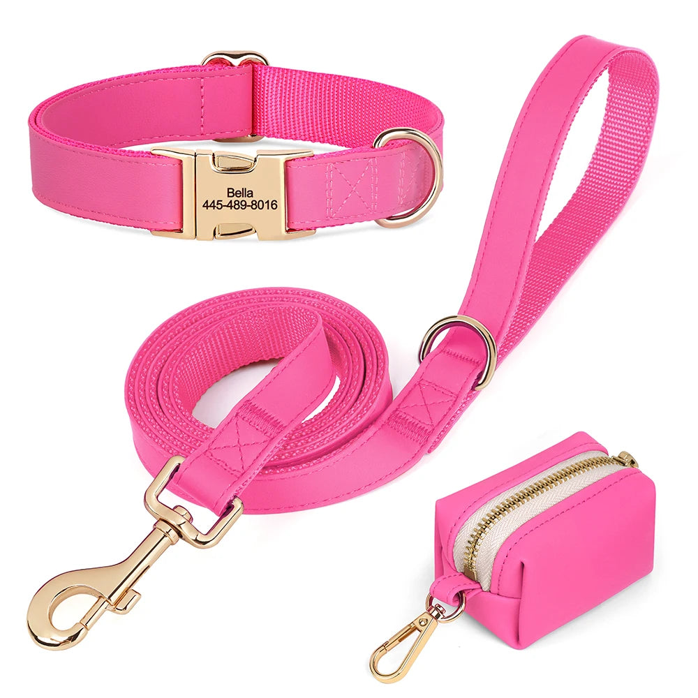 3pcs/lot Dog Collar Leash Bag Set Personalized Dog Collars Custom PU Leather Pet Buckle Necklace With Lead Poop Bag for Dogs Pug