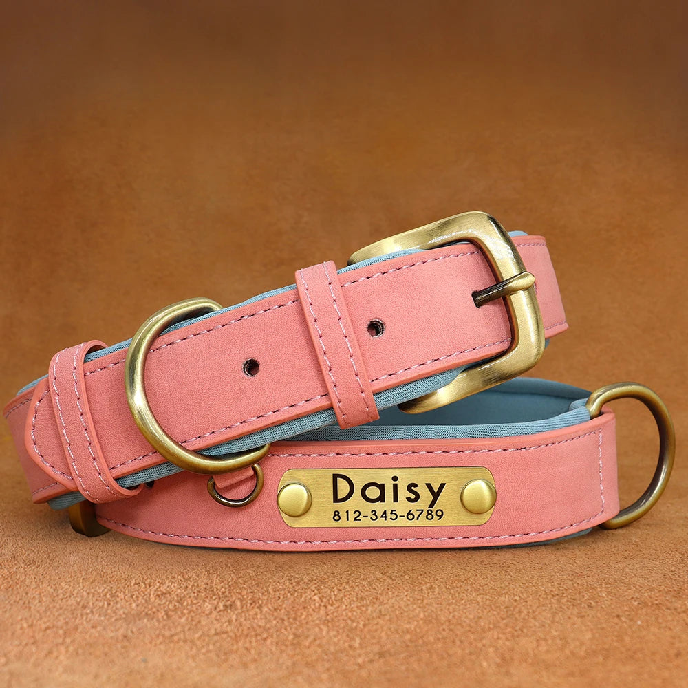 Personalized Dog Collar Leash PU Leather Dogs Collars Pet Rope Engraved Pet ID Name Necklace for Small Large Dogs Soft Padded