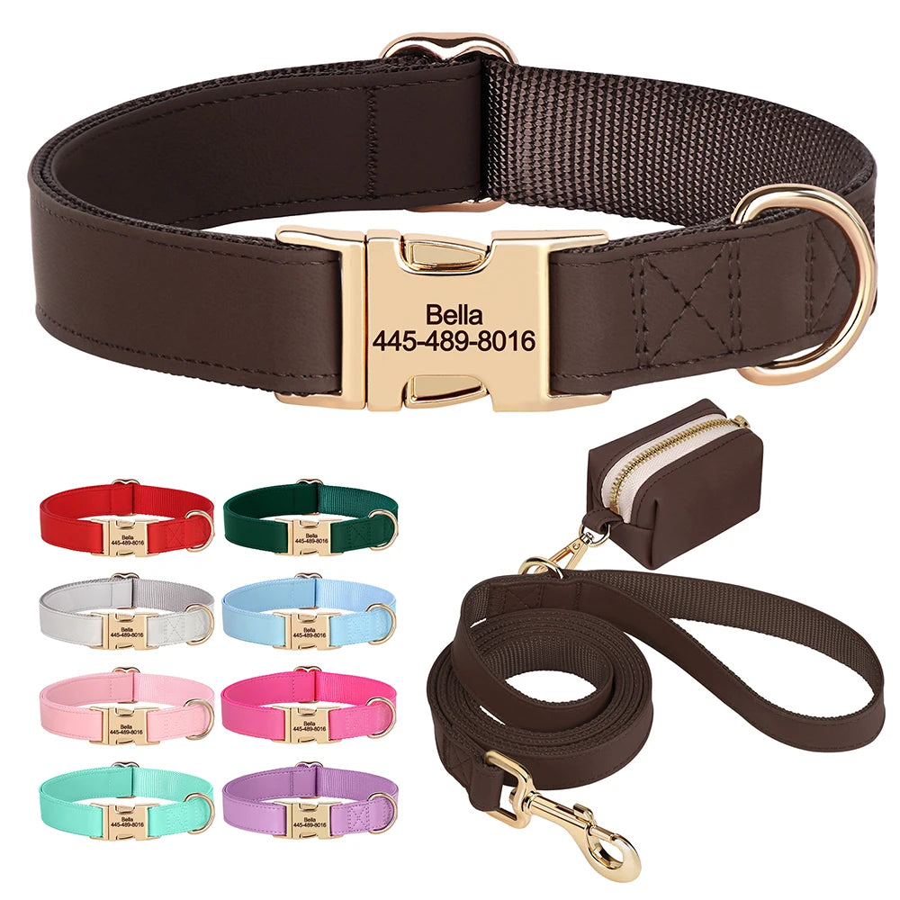 3pcs/lot Dog Collar Leash Bag Set Personalized Dog Collars Custom PU Leather Pet Buckle Necklace With Lead Poop Bag for Dogs Pug