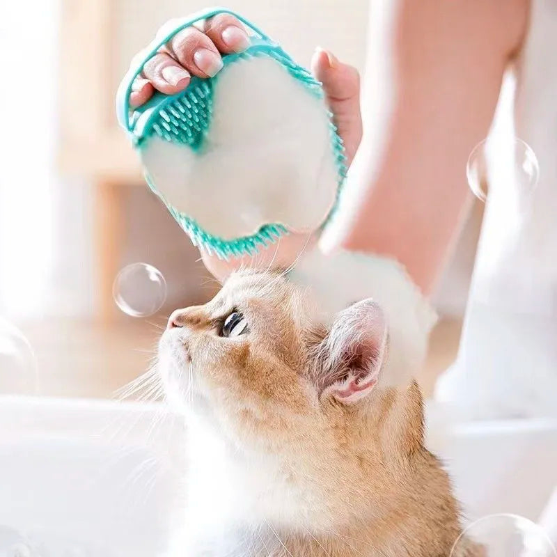 Silicone Soft Rubber Pet Massage Shower Brush with Builtin Shampoo Storage Self Cleaning Detangling for Dogs Cats Grooming Brush