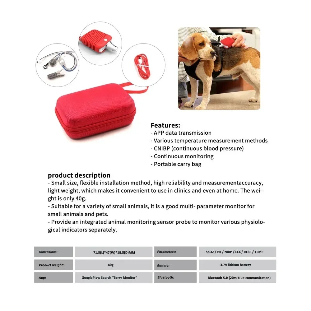 Multi-parameter Veterinary Monitor Bluetooth Smart Wear ECG Macine Pet SPO2 RESP TEMP PR  Monitor APP IOS Android