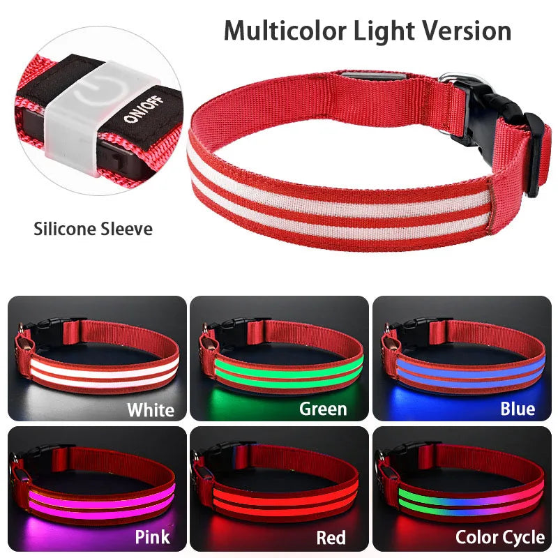 Light Up Dog Collar for Night Walk Color LED Glowing Pet Safety Collar Rechargeable Dog Necklace with Dog Harness Dog Leash Ring