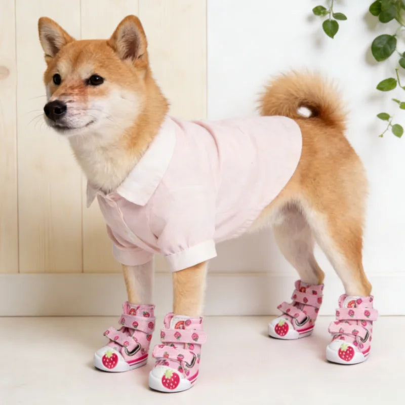 Strawberry Print Dog Canvas Shoes Breathable Dog Sneakers Soft Warm Puppy Footwear Fashion Outdoor Cat Boots Anti-Slip Pet Shoes
