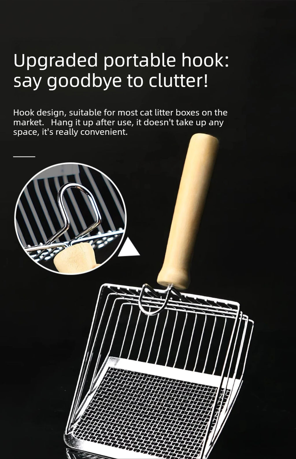 Washable Metal Cats Litter Scoop Comfortable Wooden Handle with Hook Pet Tool Suitable for Daily Cats Litter Box Cleaning