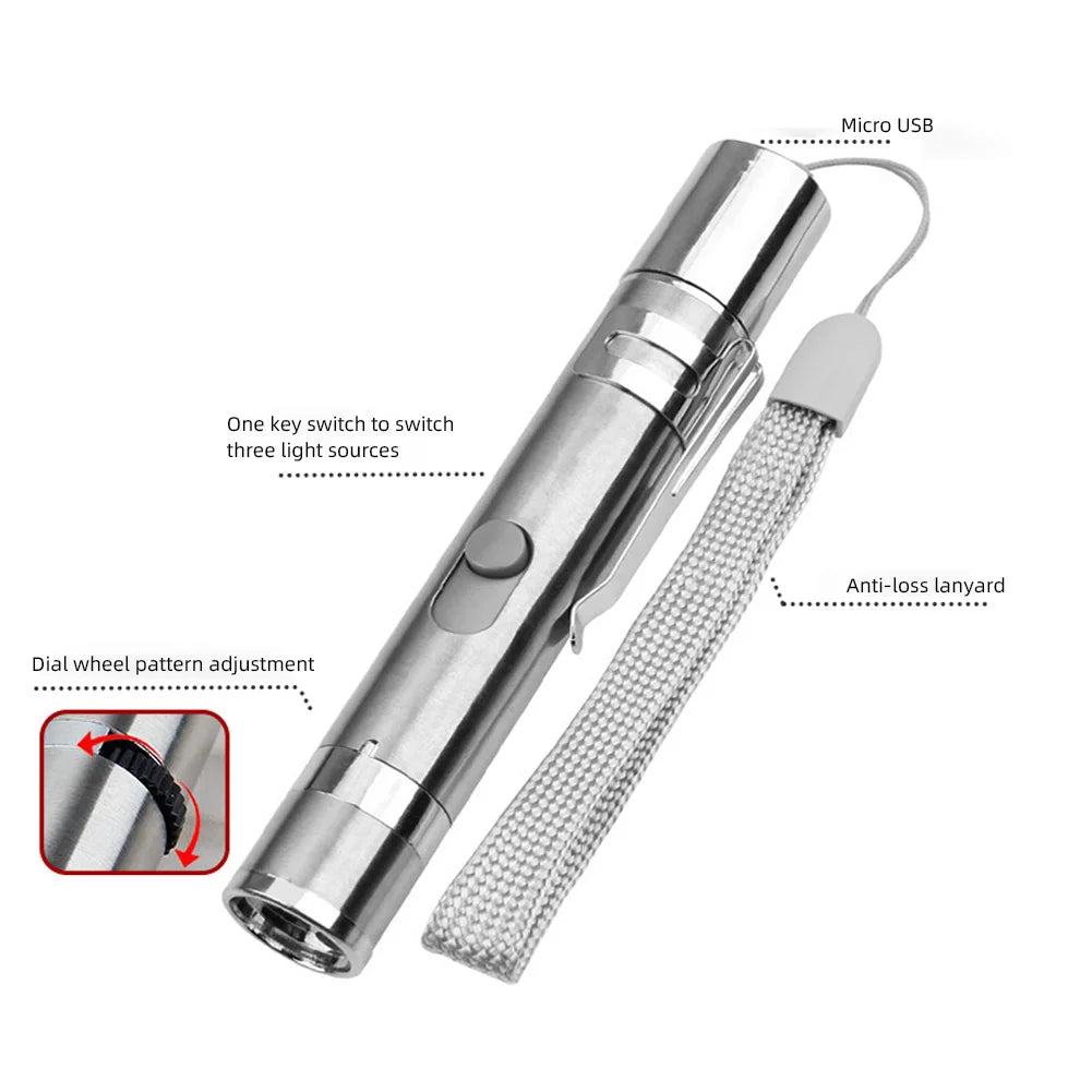 Cat Laser Toy USB Charging LED Light Pointer Rechargeable Torch UV Flashlight Pen 5 Patterns Laser Pen Cat Toys Cat Accessories