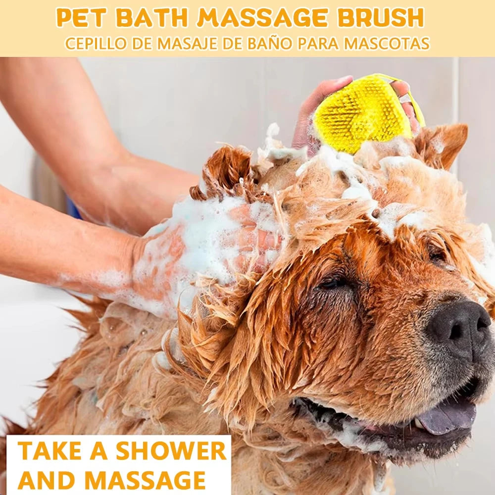 Silicone Soft Rubber Pet Massage Shower Brush with Builtin Shampoo Storage Self Cleaning Detangling for Dogs Cats Grooming Brush