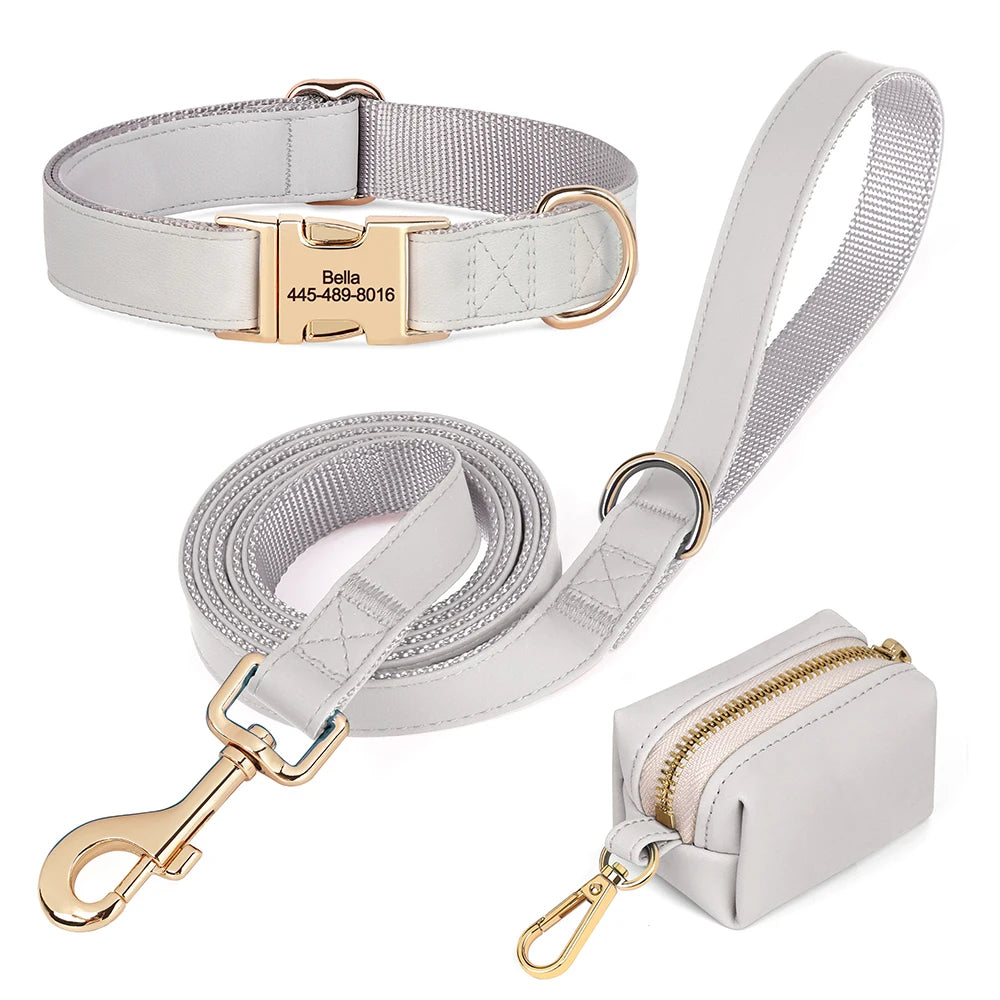 3pcs/lot Dog Collar Leash Bag Set Personalized Dog Collars Custom PU Leather Pet Buckle Necklace With Lead Poop Bag for Dogs Pug