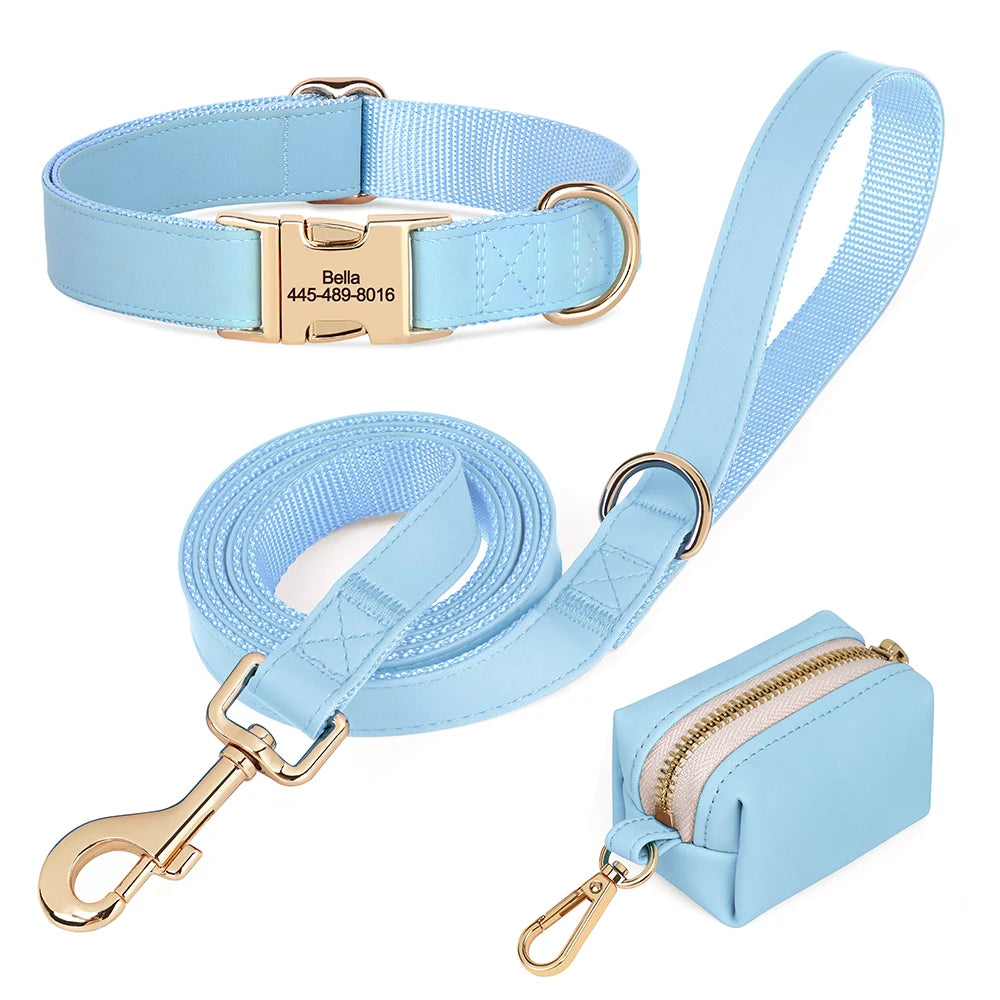 3pcs/lot Dog Collar Leash Bag Set Personalized Dog Collars Custom PU Leather Pet Buckle Necklace With Lead Poop Bag for Dogs Pug