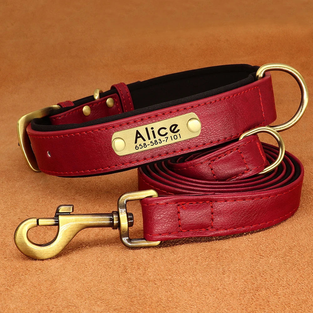 Personalized Dog Collar Leash PU Leather Dogs Collars Pet Rope Engraved Pet ID Name Necklace for Small Large Dogs Soft Padded