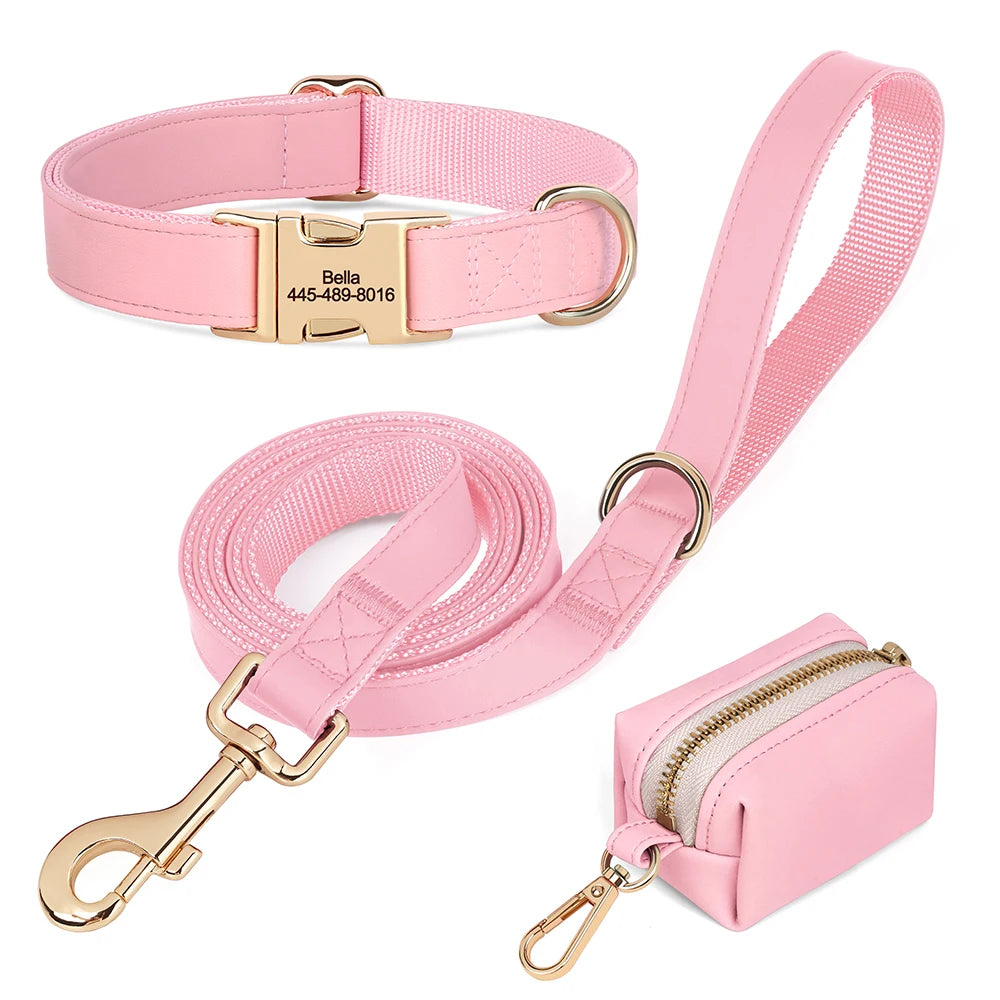 3pcs/lot Dog Collar Leash Bag Set Personalized Dog Collars Custom PU Leather Pet Buckle Necklace With Lead Poop Bag for Dogs Pug