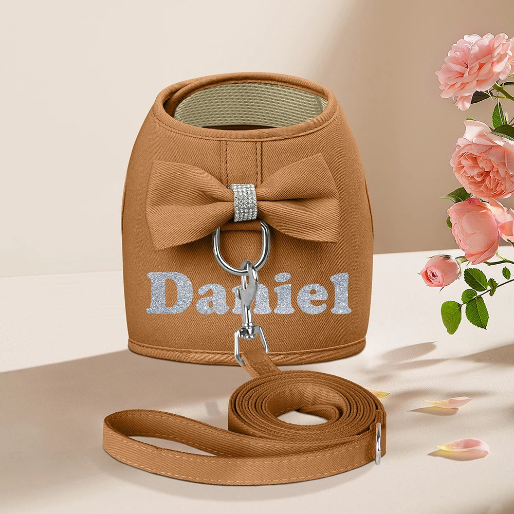 Personalized Dog Harness and Leash Set Free Print Name Pet Vest Harness Lead with Cute Bowtie for Small Medium Dogs Cats Pug