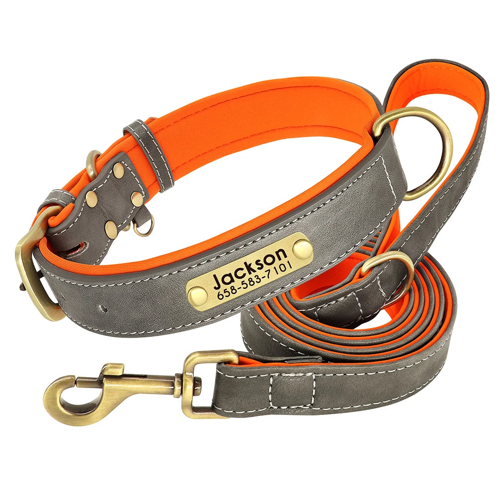 Personalized Dog Collar Leash PU Leather Dogs Collars Pet Rope Engraved Pet ID Name Necklace for Small Large Dogs Soft Padded
