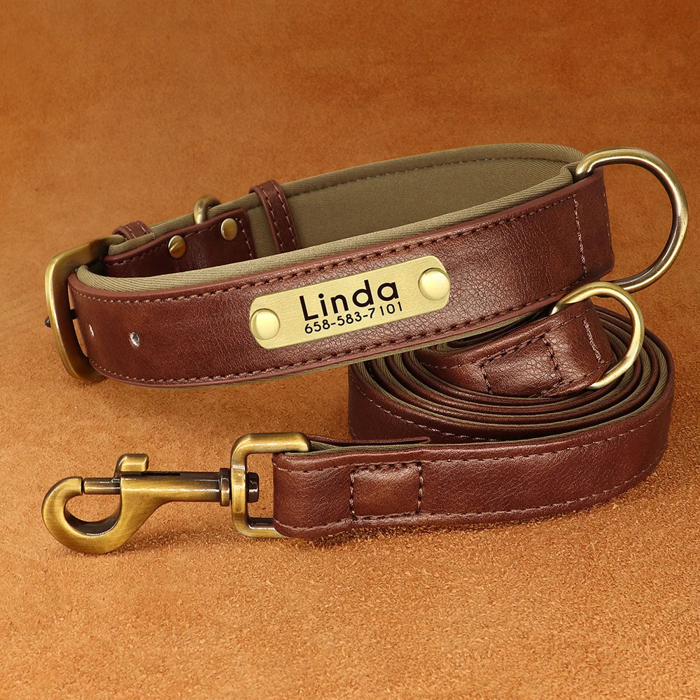 Personalized Dog Collar Leash PU Leather Dogs Collars Pet Rope Engraved Pet ID Name Necklace for Small Large Dogs Soft Padded