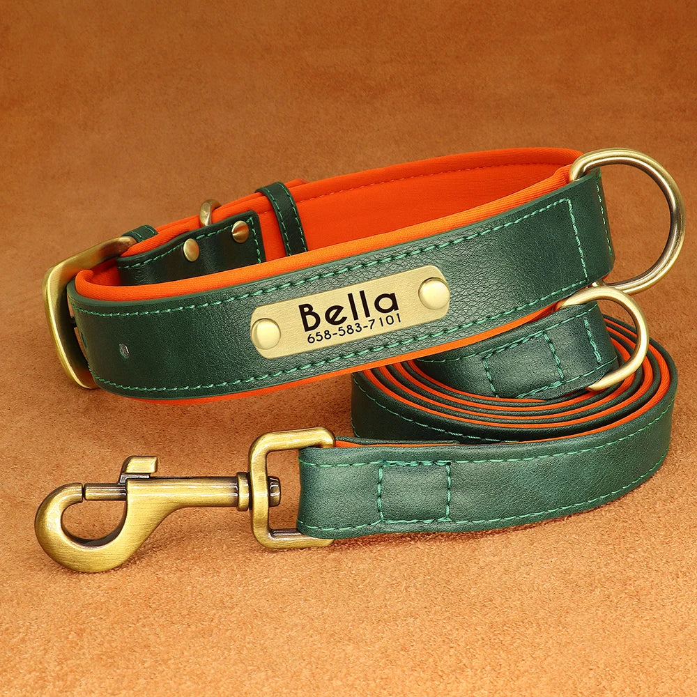Personalized Dog Collar Leash PU Leather Dogs Collars Pet Rope Engraved Pet ID Name Necklace for Small Large Dogs Soft Padded
